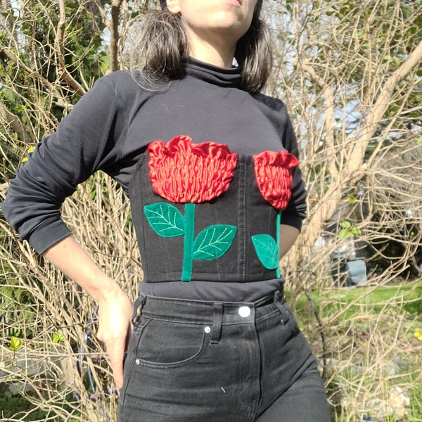 Rose Garden corseted bustier with satin roses and velvet leaves, handmade made to order corset