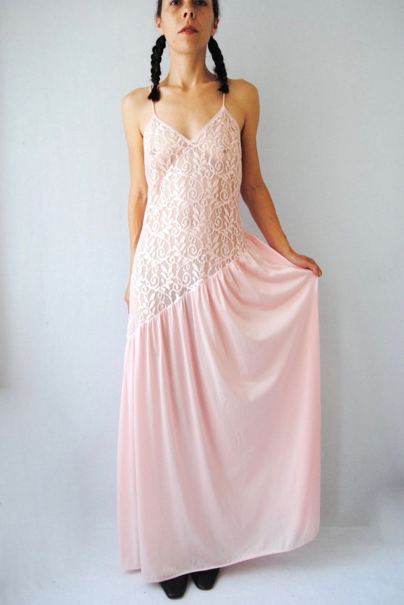 vintage see through slip floaty slip dress pretty lingerie Pink lace slip with asymmetric hem 1970s 1980s long slip baby pink