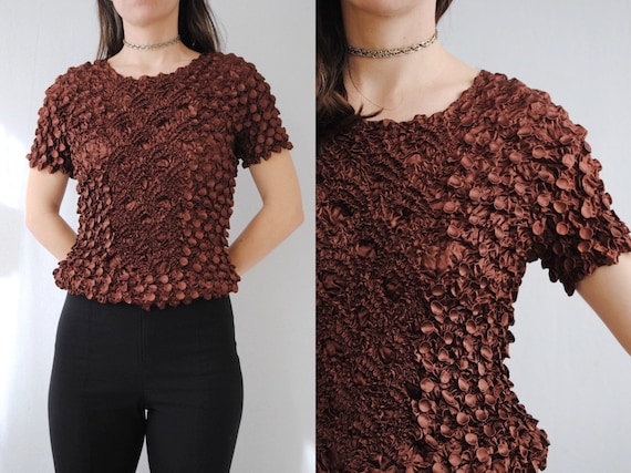 90s scrunchie top in chocolate brown, vintage micr