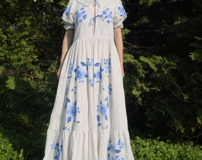 Upcycled M Tablecloth Dress With Lace Collar and Rose Appliques