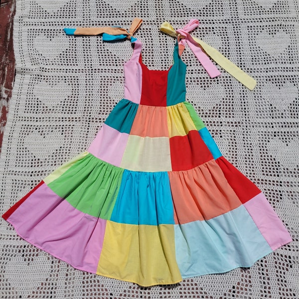 Prism dress in Rainbow, patchwork dress, upcycled from vintage bed sheets, custom made to order dress, handmade sustainable