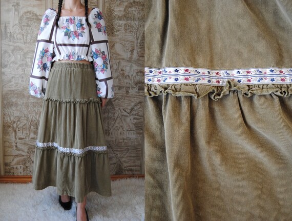 70s corduroy peasant skirt, vintage tiered maxi sk
