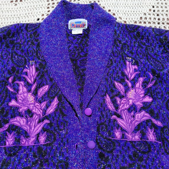 Sparkly cardigan with floral appliques, vintage k… - image 3