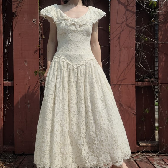 80s off shoulder wedding gown, vintage lace gown … - image 1