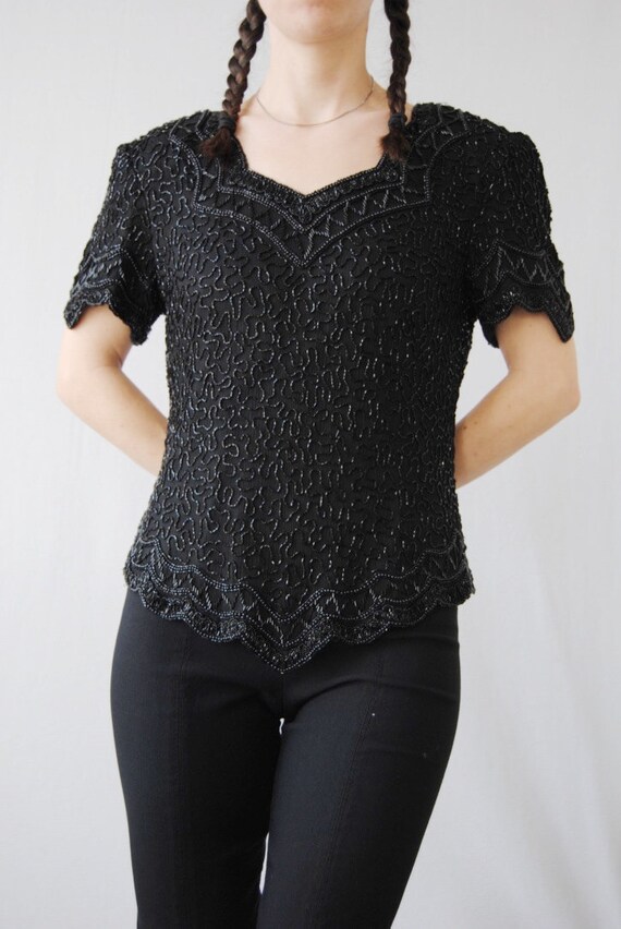 80s beaded silk top with sweetheart neckline and … - image 3