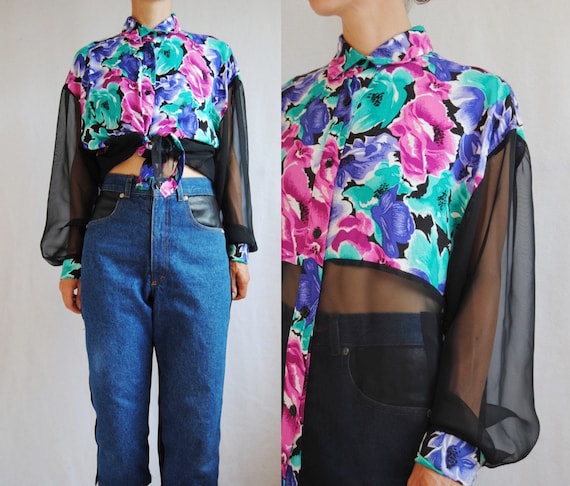 Bold Floral Shirt With Sheer Sleeves -- Vintage, S