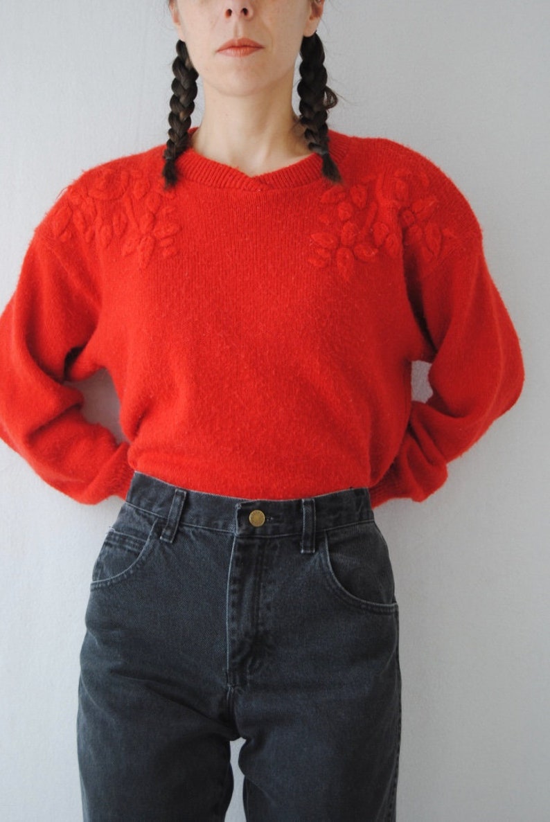 80s fuzzy red sweater knit sweater oversized baggy vintage floral sweater with shoulder pads 1980s 80s v neck