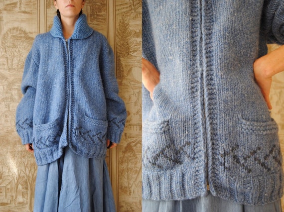1950s hand knit wool cardigan with shawl collar an
