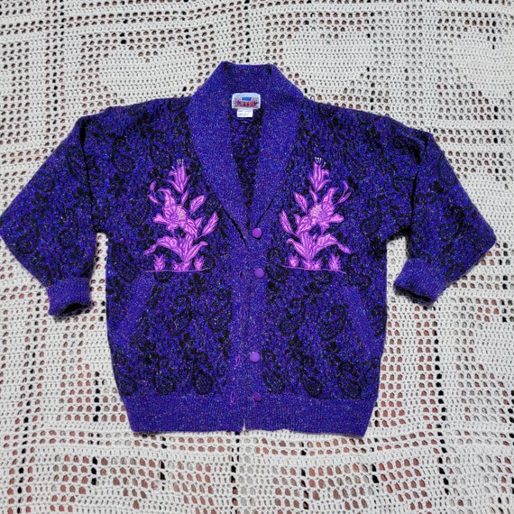 Sparkly cardigan with floral appliques, vintage k… - image 2