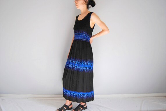 90s blue flame smocked sundress, vintage maxi dres