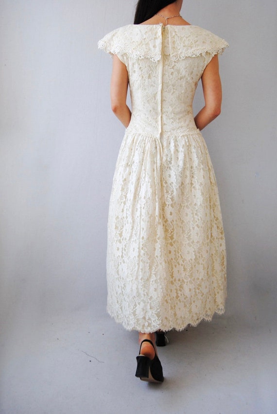 80s off shoulder wedding gown, vintage lace gown … - image 7