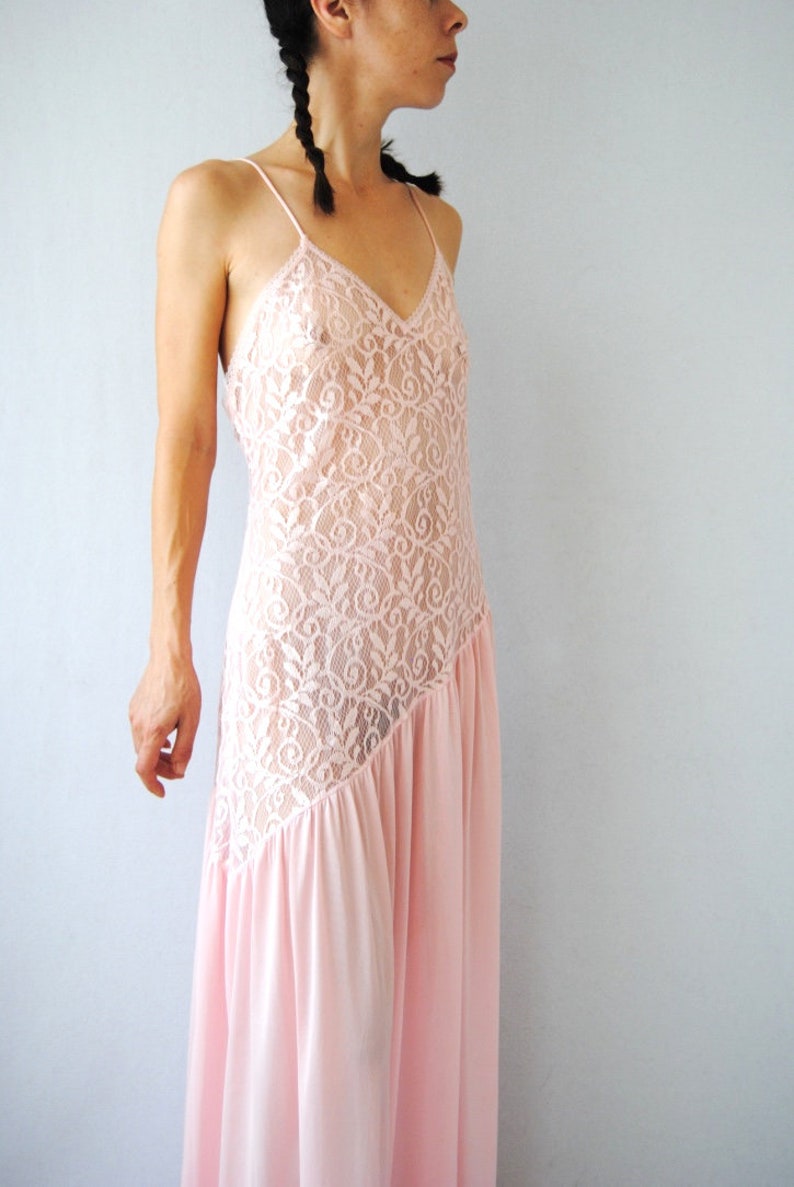 vintage see through slip floaty slip dress pretty lingerie Pink lace slip with asymmetric hem 1970s 1980s long slip baby pink