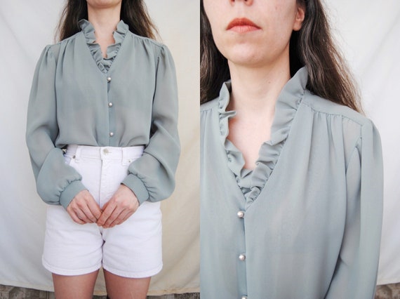 70s pistachio blouse with ruffle neckline, vintage