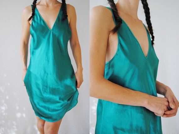 90s emerald green satin slip dress, vintage minima