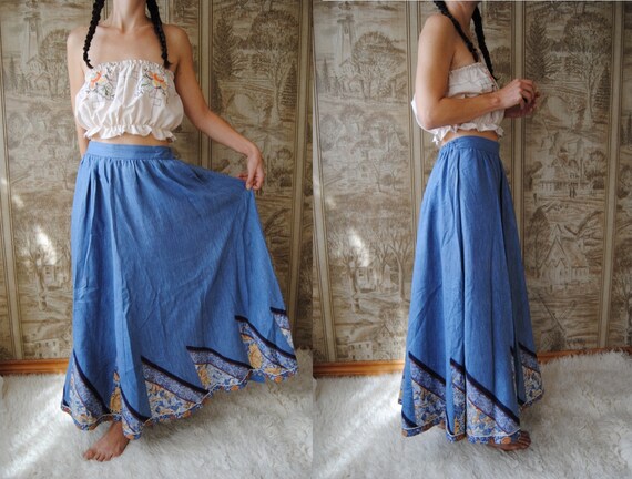 Vintage patchwork linen maxi skirt with pockets, S