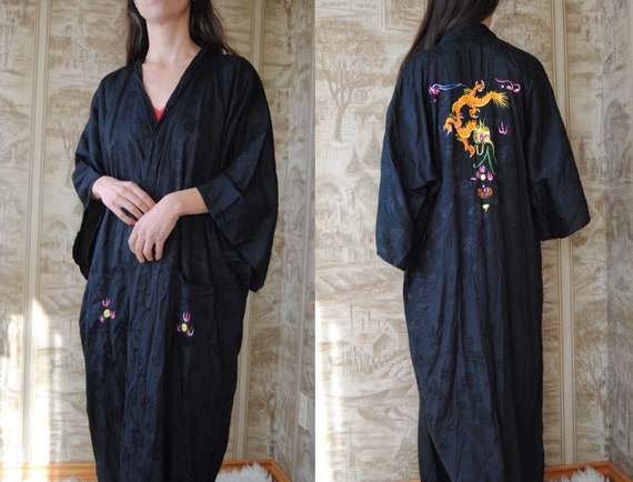 Black brocade kimono with embroidered chinese drag