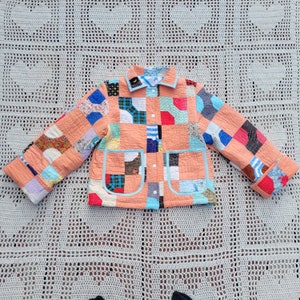 Cropped Barn Jacket in orange bowties, upcylced coat made from a vintage quilt