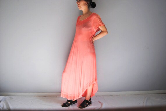 Long coral dress -- vintage crepe maxi dress, salm