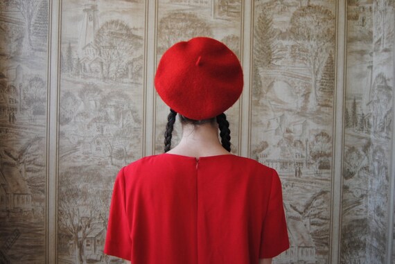 80s red wool beret, vintage wool beret -- bright r