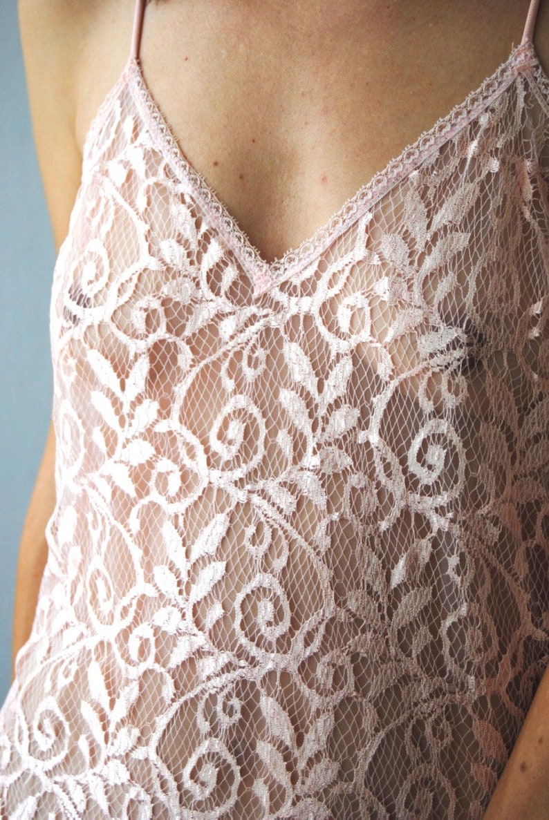 vintage see through slip floaty slip dress pretty lingerie Pink lace slip with asymmetric hem 1970s 1980s long slip baby pink