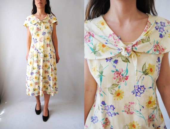 80s sailor collar floral dress, vintage drop waist