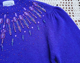 80s sequin beaded sweater with puffed shoulders, vintage gem embellished sweater with purple pearls and iridescent beads