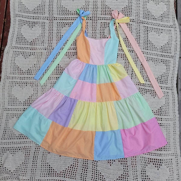 Prism Dress in Pastel Rainbow, patchwork dress, upcycled from vintage bed sheets, custom made to order dress, handmade sustainable