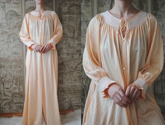 70s smocked nightgown with contrast stitching, vin