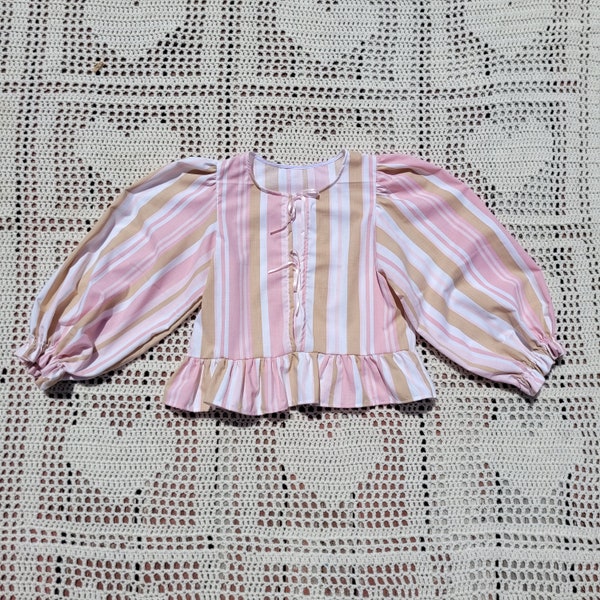 Neopolitan striped cotton blouse handmade from a vintage bed sheet, sustainable upcycled puff sleeve top
