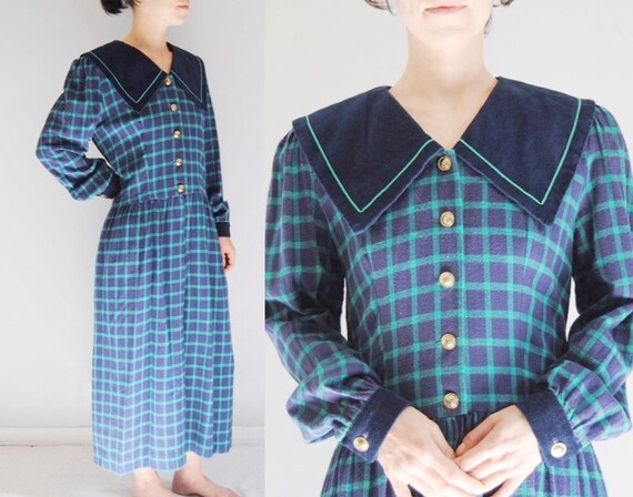 Vintage oversized collar dress, plaid maxi dress -