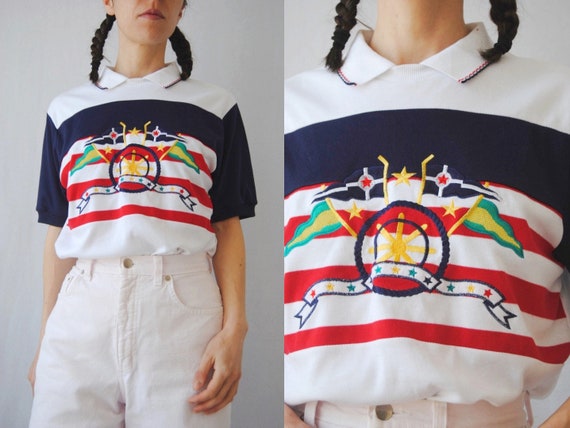 90s nautical polo shirt, vintage colorblock t-shir