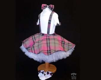 Tartan Pinafore - Petticoat Dress - Tartan Dress - Bows and Buttons - Dress Set - Matching Socks and Headband