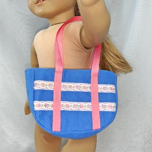 Miniature Doll Tote Bag: Blue Cotton Purse with Flower Trim