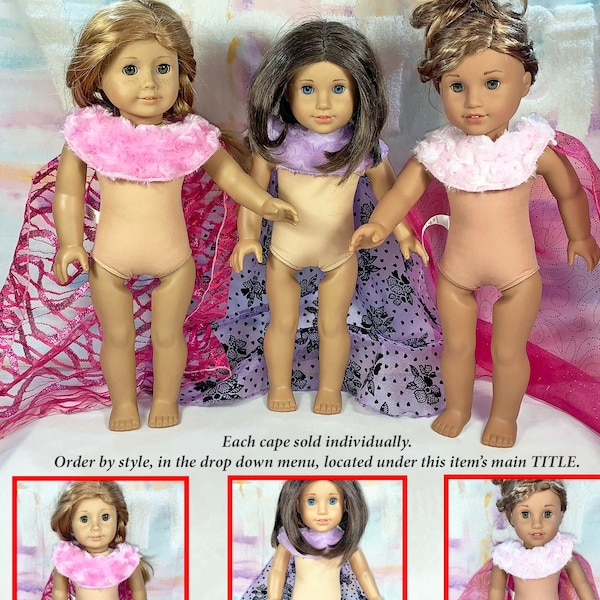 18-inch Doll capes in purple or pink sheer, fits American Girl or your favorite Teddy Bear!
