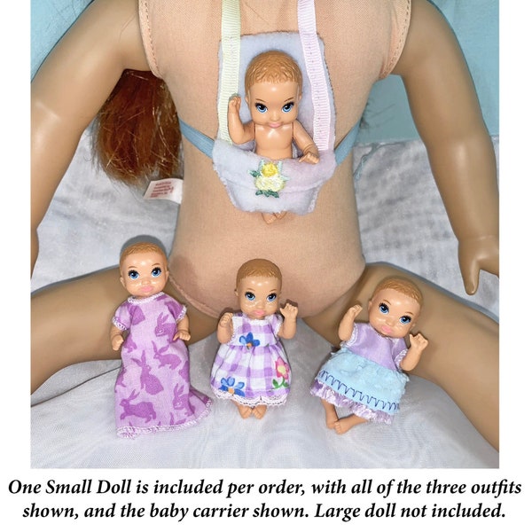 Tiny Moveable Baby Doll (Barbie) with Baby Carrier for 18-inch dolls, plus three tiny little outfits