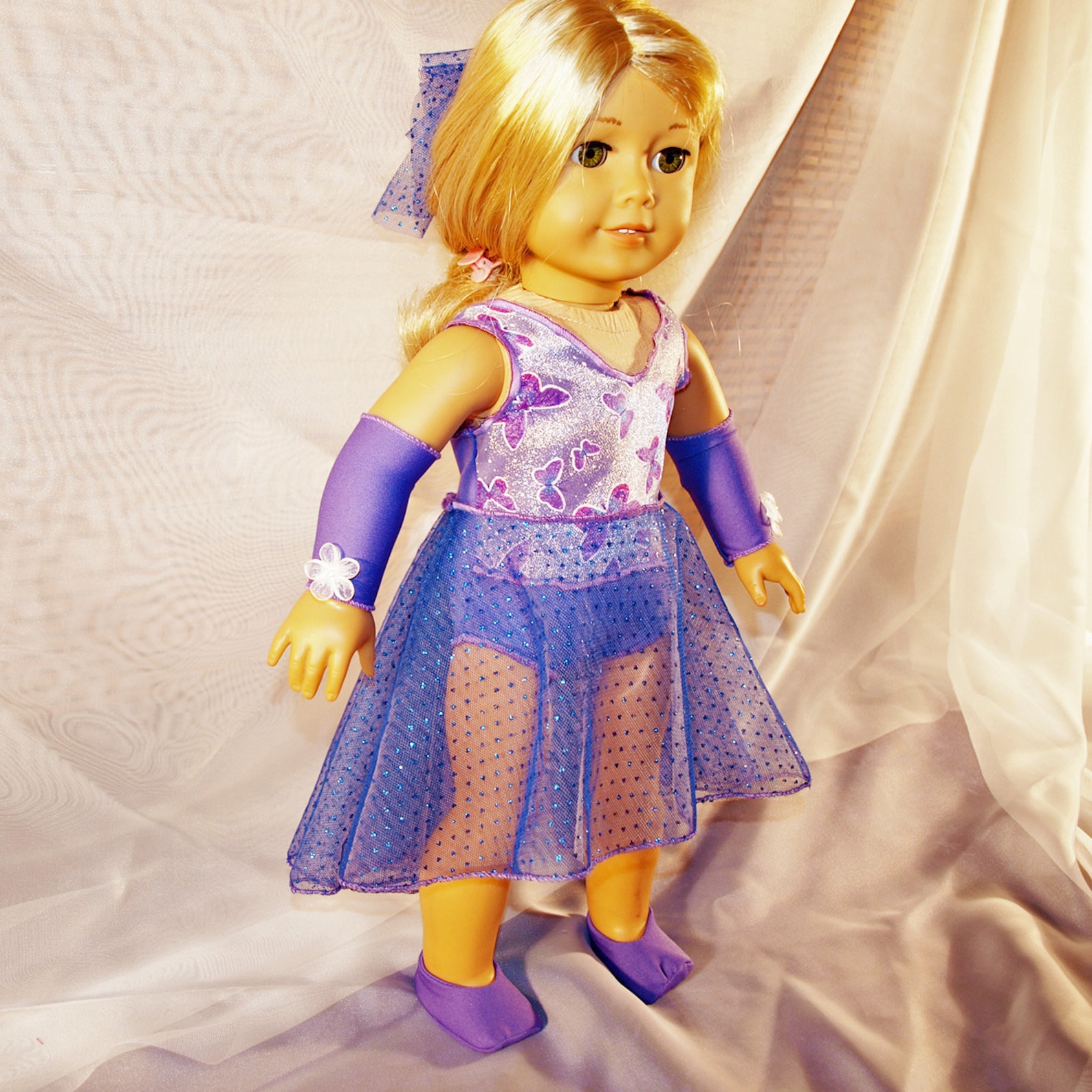 dance costume for ballet or lyrical in shades of purple with hair clip, armbands and shoes, modeled on american girl doll