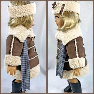 May include: A brown faux fur coat with a white faux fur collar and cuffs. The coat has a plaid scarf and a white faux fur hat with a brown trim.