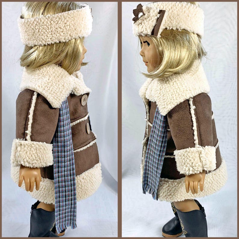May include: A brown faux fur coat with a white faux fur collar and cuffs. The coat has a plaid scarf and a white faux fur hat with a brown trim.