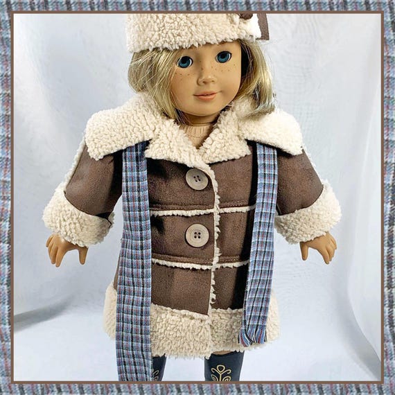 18-Inch Doll Outfit: Handmade Sherpa Coat, Plaid, Wool Scarf, Boots & Headband