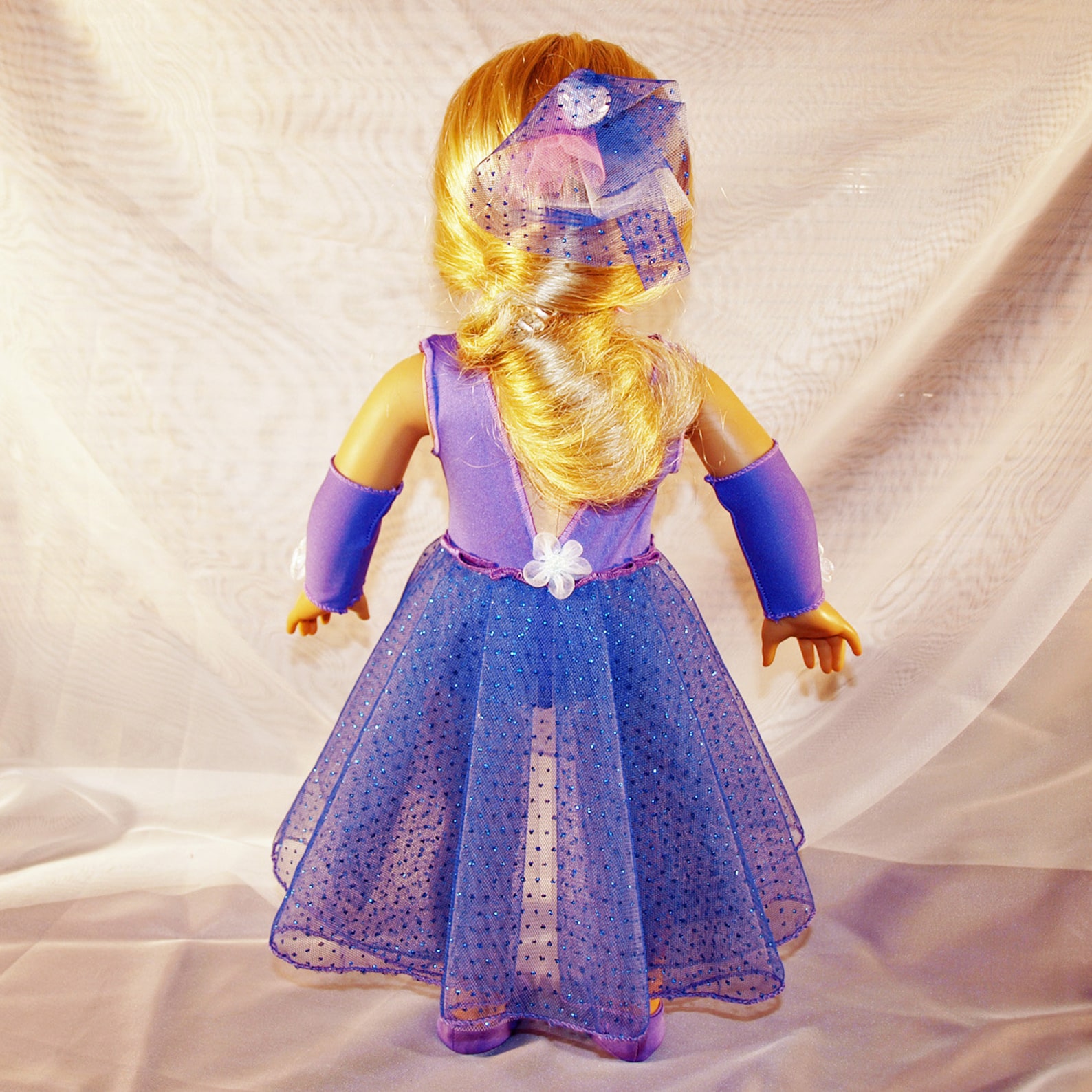 dance costume for ballet or lyrical in shades of purple with hair clip, armbands and shoes, modeled on american girl doll