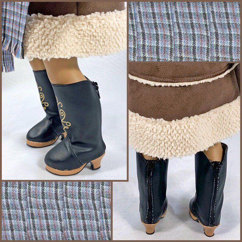 May include: A pair of black leather boots with a gold design on the side. The boots have a wooden heel and a zipper on the back. The boots are on a brown and white patterned fabric.