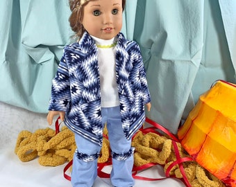 Southwest styled outfit has blue jacket, blue pants and moccasins for American Girl Doll and other 18-inch dolls