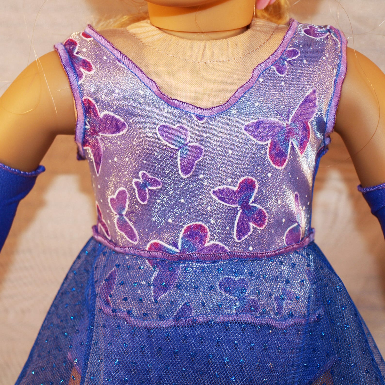 dance costume for ballet or lyrical in shades of purple with hair clip, armbands and shoes, modeled on american girl doll