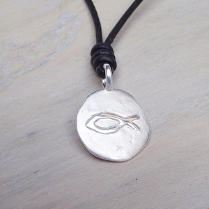 Ichthys Fish Pendant Silver round coin shape 925/Silver Christian fish with embossing, engraving