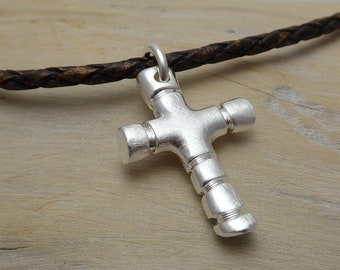 Silver cross "Andres" with leather strap, gift for confirmation, communion, silver cross on braided leather cord