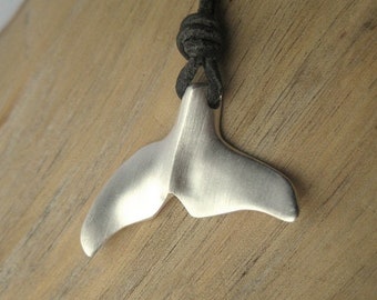 Fluke" whale tail silver pendant on leather cord