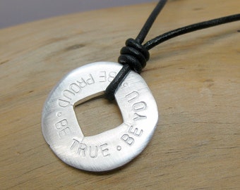 Large silver pendant "Stamped Disc L" with desired text, pendant for men in disc shape customizable