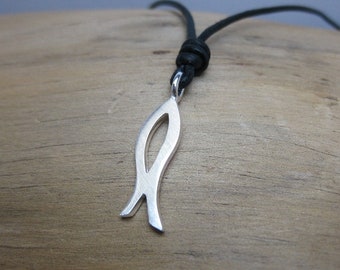 Ichthys M” -silver fish pendant on leather cord