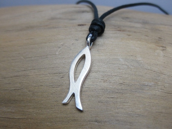 Ichthys M silver Fish Pendant on Leather Cord - Etsy Israel
