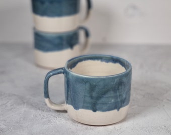 Grande tasse à café, tasse en grès bleu nuit et blanc avec poignée, 400ml, 14oz